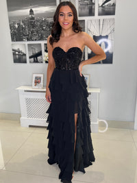 Black Prom Dress With Beaded Top And Tiered Ruffle Skirt