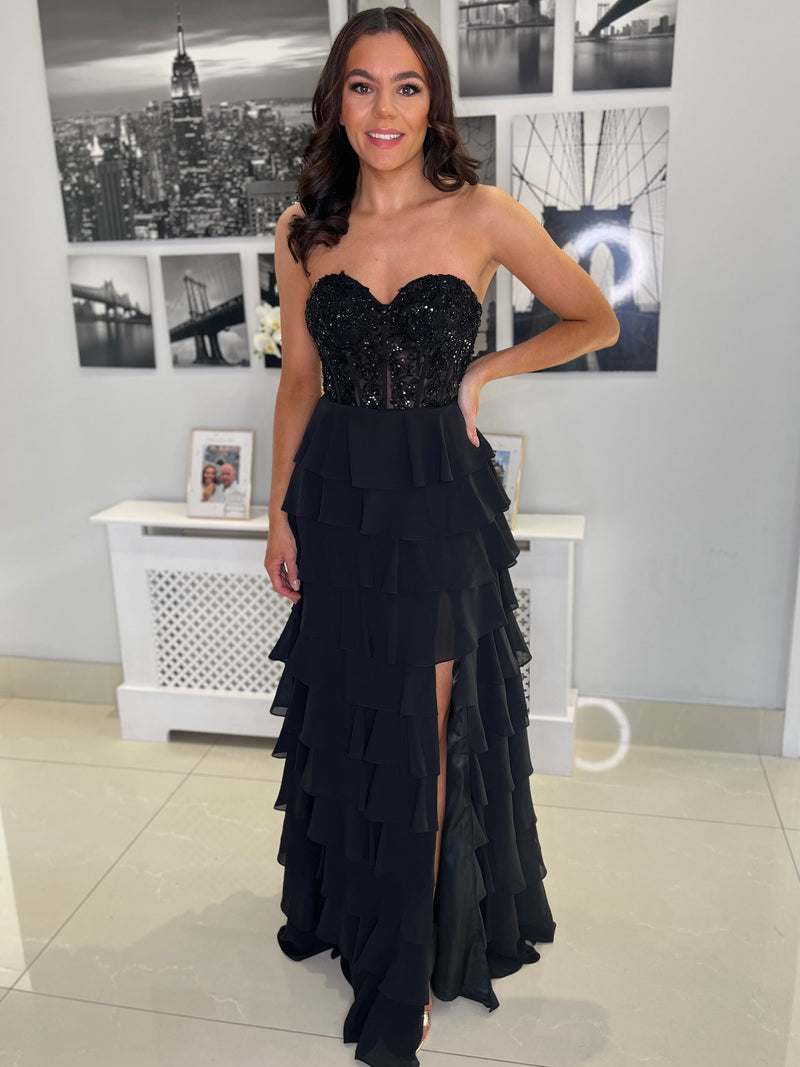 Black Prom Dress With Beaded Top And Tiered Ruffle Skirt