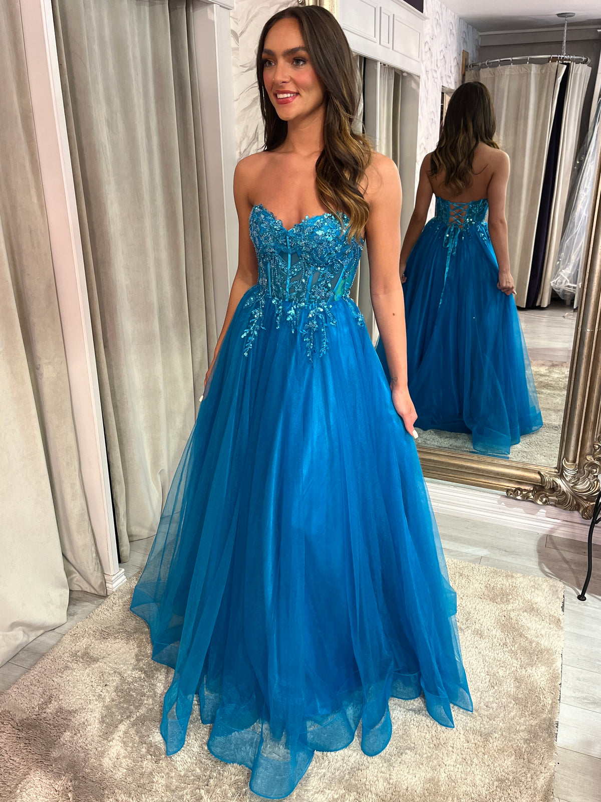 Teal Strapless A-Line Prom Dress With Beaded Top