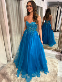 Teal Strapless A-Line Prom Dress With Beaded Top