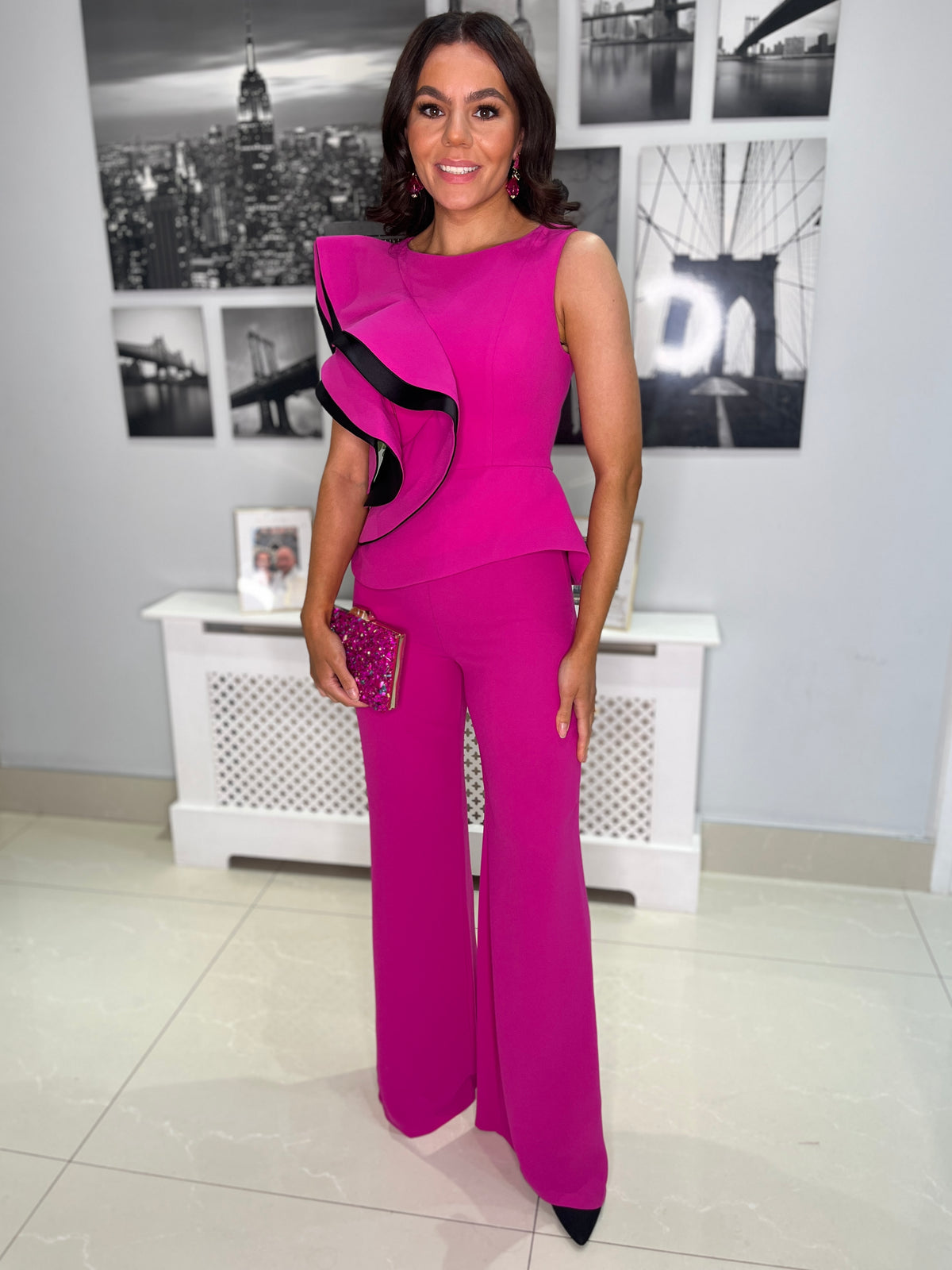 Fuschia Pink Two Piece With Black Trim