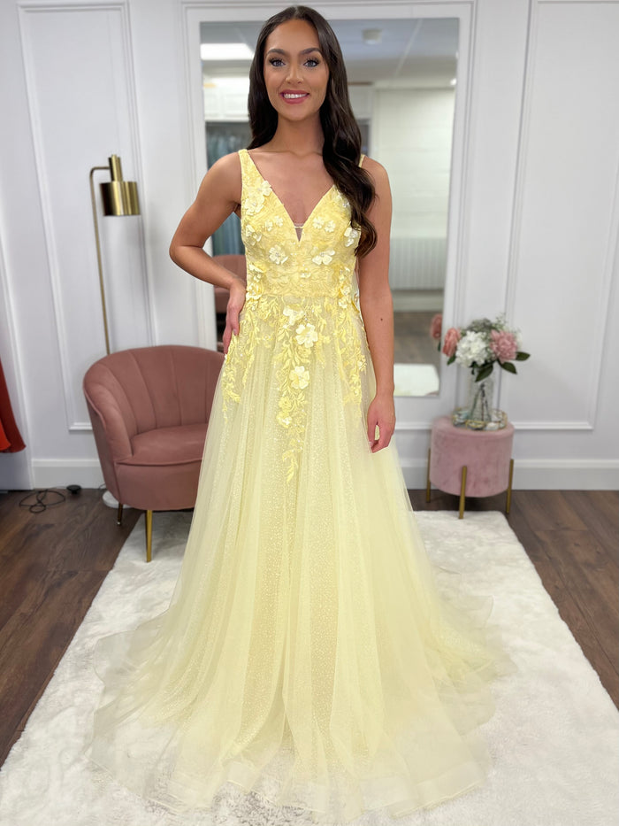 Yellow A-Line Prom Dress With 3D Floral Detail