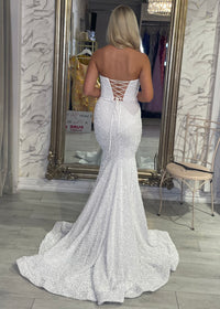 White Strapless Sequin Prom Dress With Train