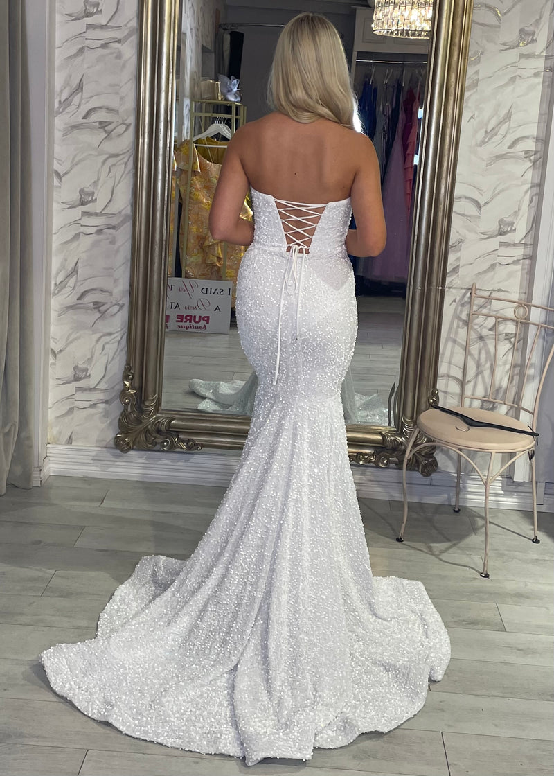 White Strapless Sequin Prom Dress With Train