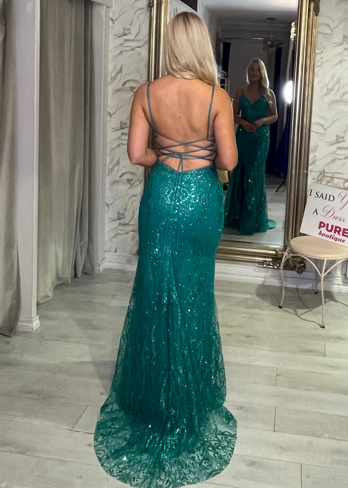 Green Glitter Effect Prom Dress With Lace Up Back