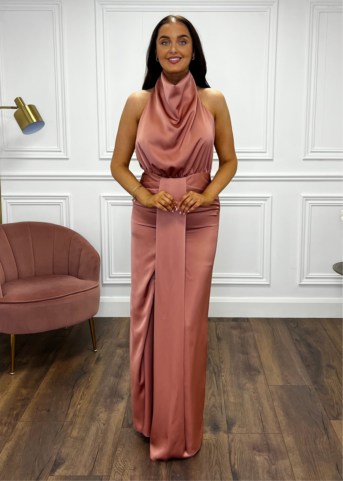 Blush Satin Halter Neck Dress With Open Back