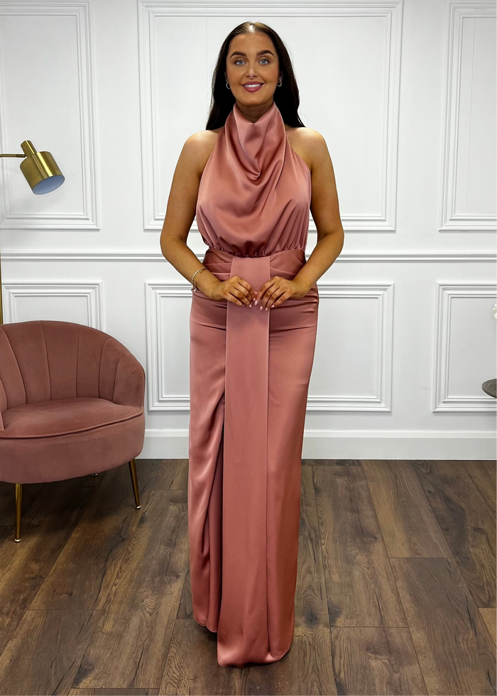 Blush Satin Halter Neck Dress With Open Back