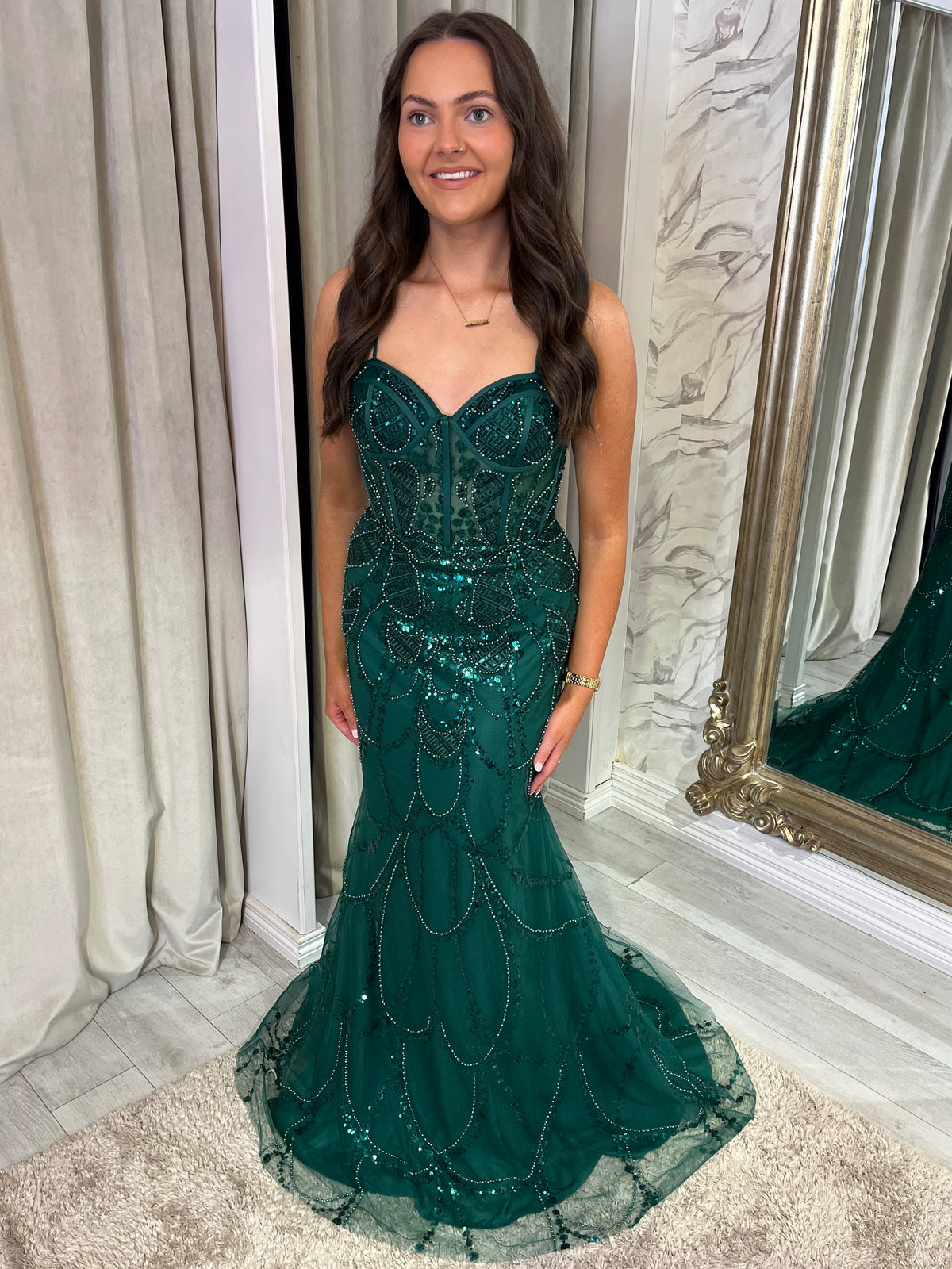 Green Fitted Beaded Prom Dress With Spaghetti Straps & Lace Up Back
