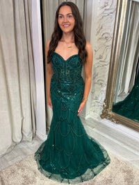 Green Fitted Beaded Prom Dress With Spaghetti Straps & Lace Up Back