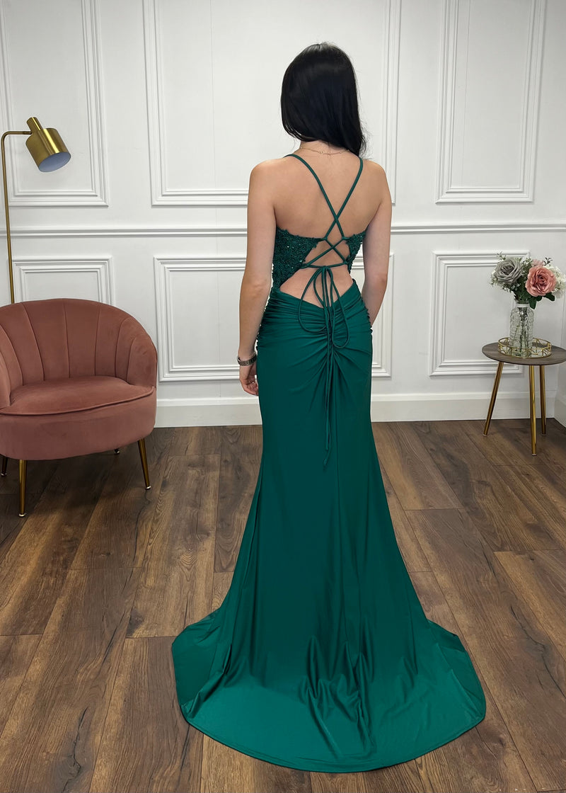 Green Fitted Prom Dress With Lace Effect Corset Top