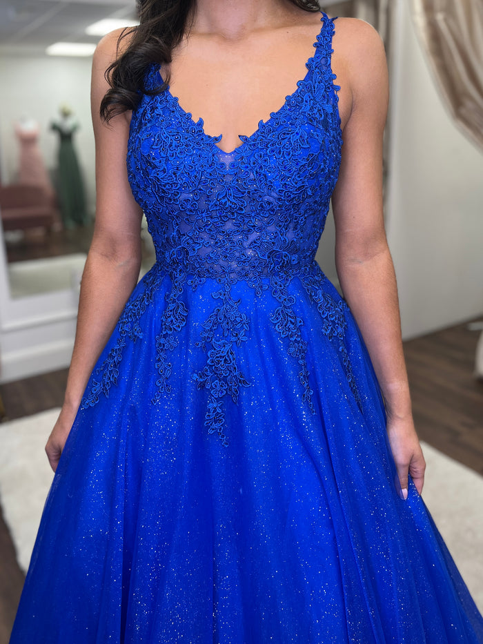 Royal Blue V-Neck Ballgown With Lace Detail