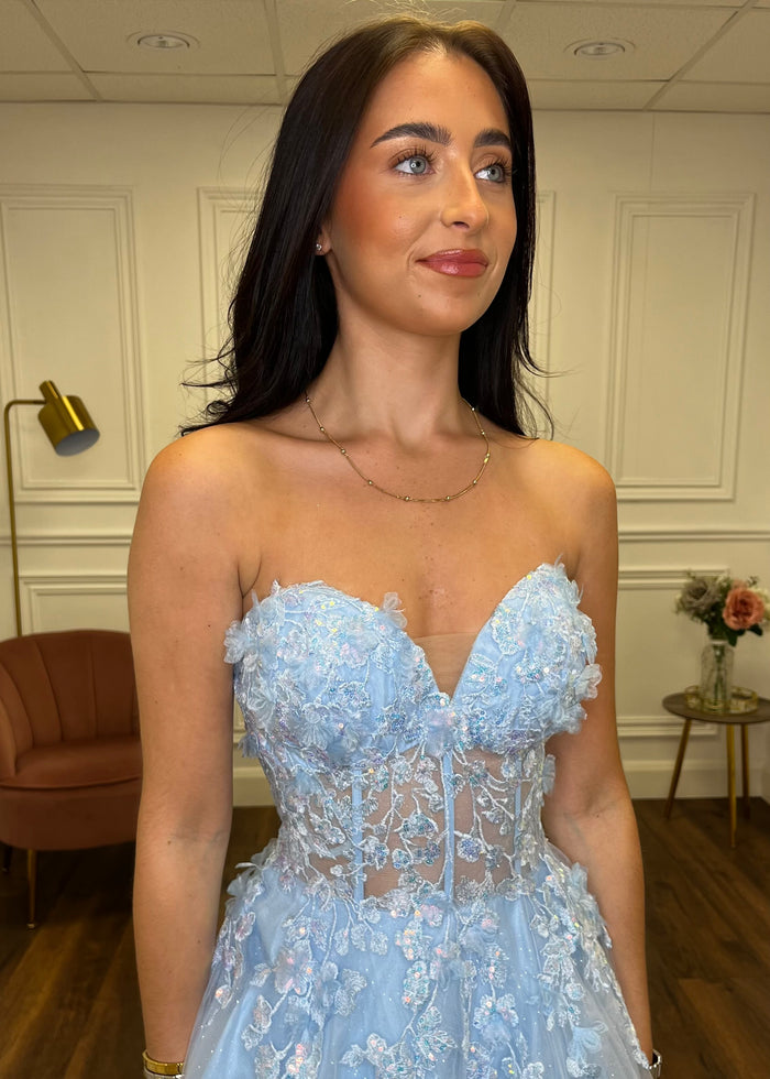 Powder Blue Strapless Ballgown With 3D Detail