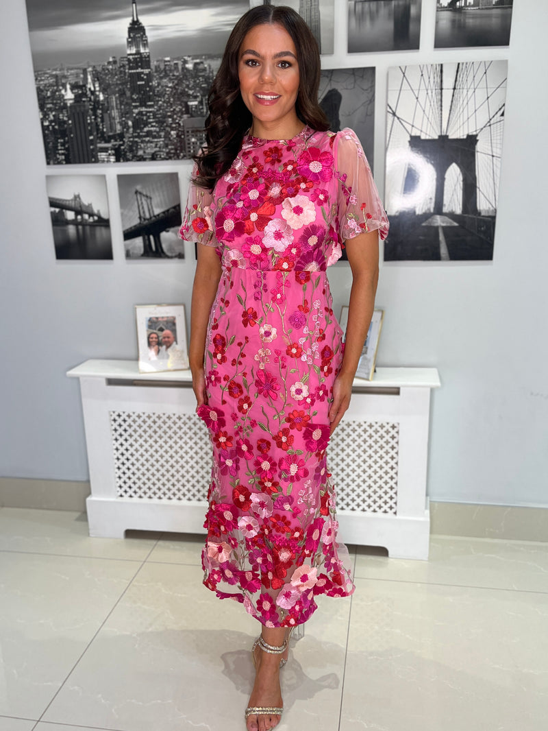 “Polly” Dress In Mixed Fuschia With 3D Floral Print