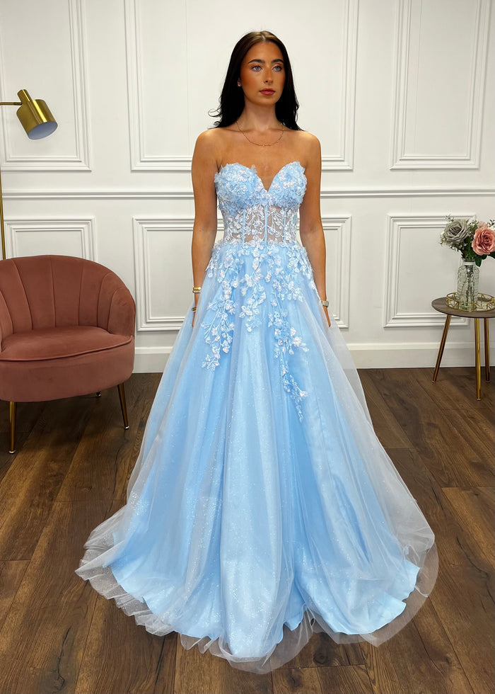 Powder Blue Strapless Ballgown With 3D Detail