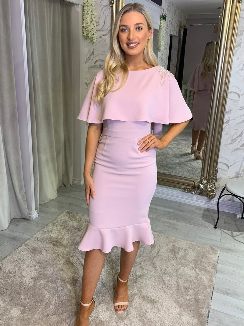 Blush Cape Dress With Embellished Shoulder