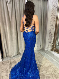 Royal Blue Glitter Effect Prom Dress With Lace Up Back