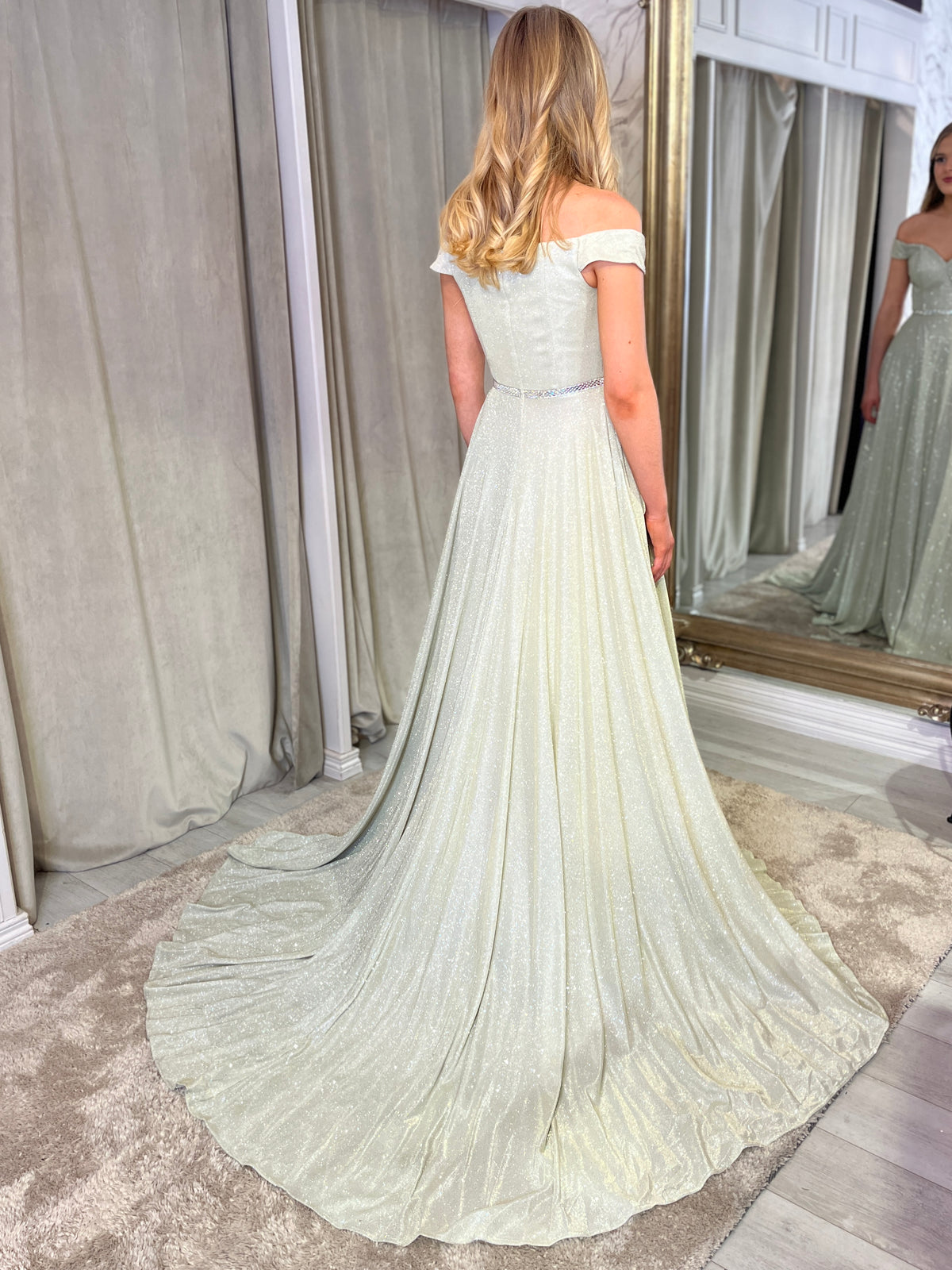 Champagne Shimmer Fabric Ballgown With Bardot Neckline