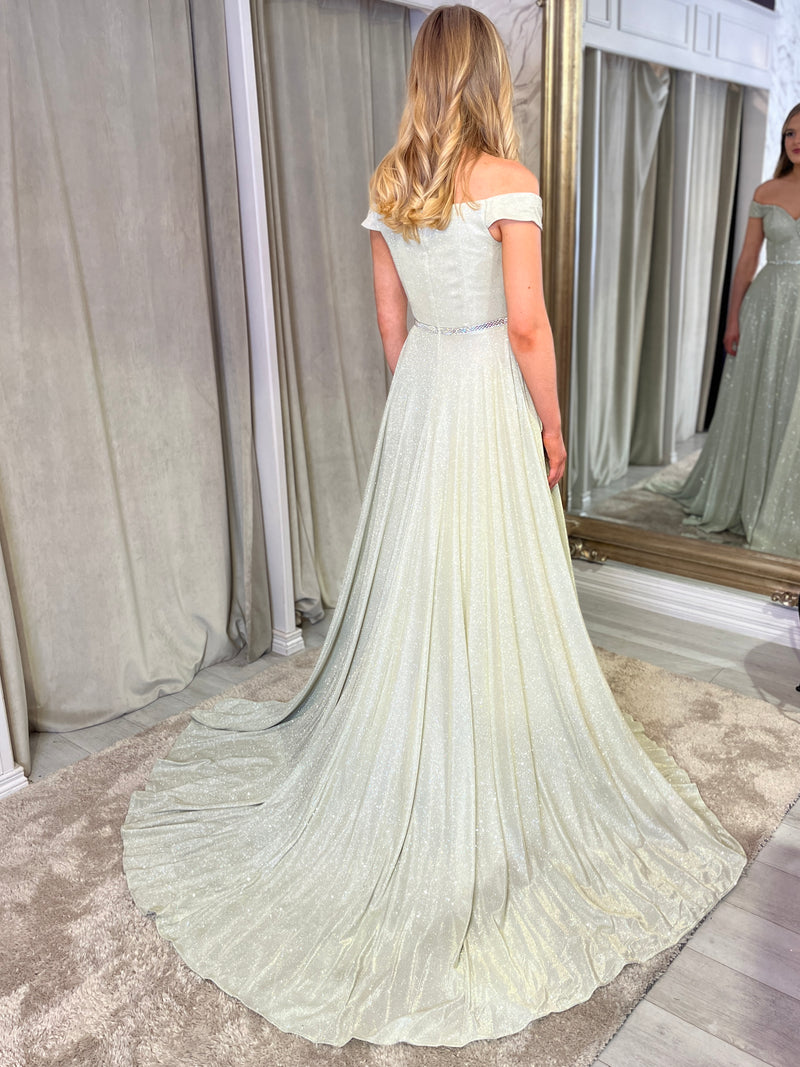 Champagne Shimmer Fabric Ballgown With Bardot Neckline