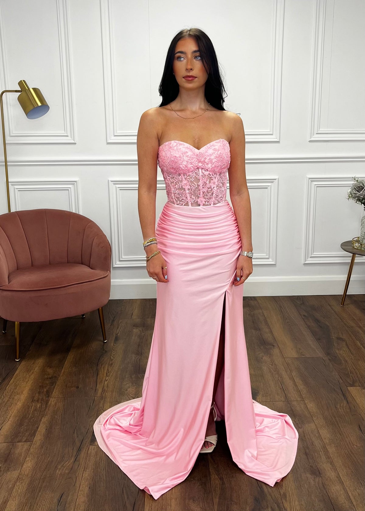 Baby Pink Strapless Prom Dress With Beaded Top