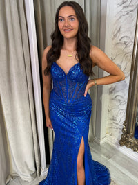 Royal Blue Glitter Effect Prom Dress With Lace Up Back