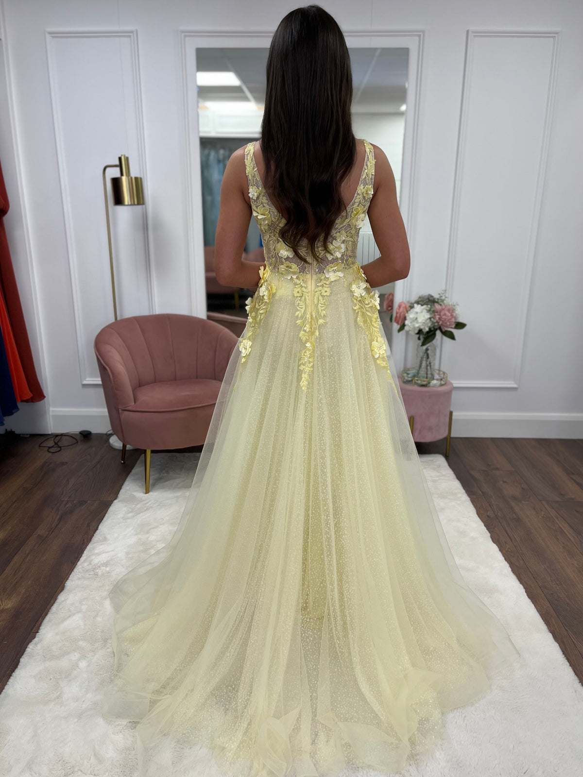 Yellow A-Line Prom Dress With 3D Floral Detail