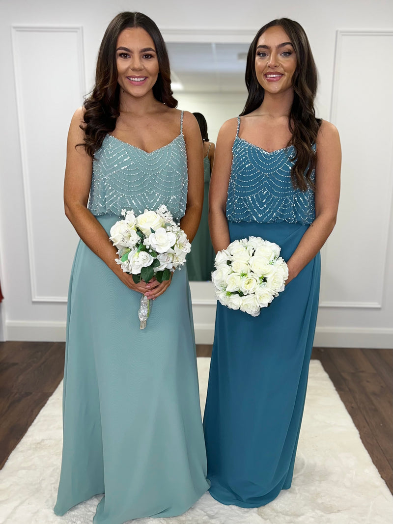 “Lily” & “Faye” Bridesmaid Dresses In Silver Fern & Pine