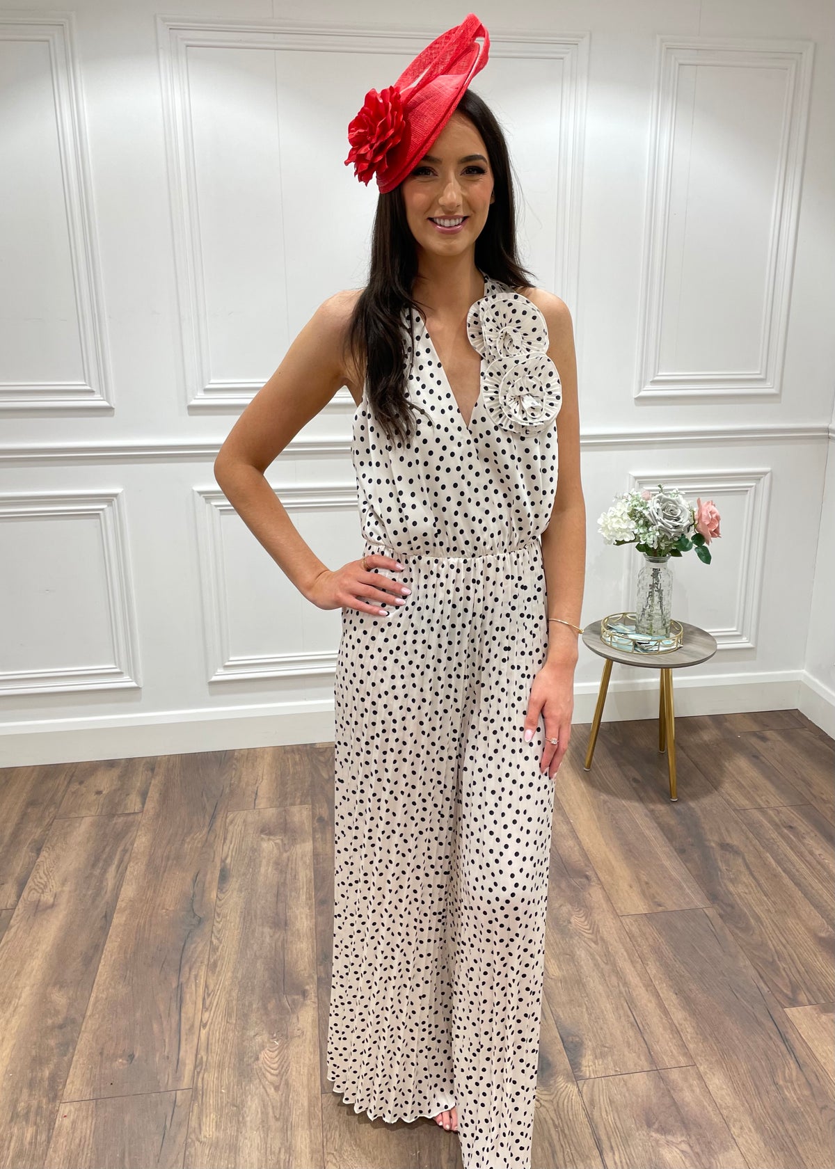 Cream And Black Polka Dot Pleated Jumpsuit