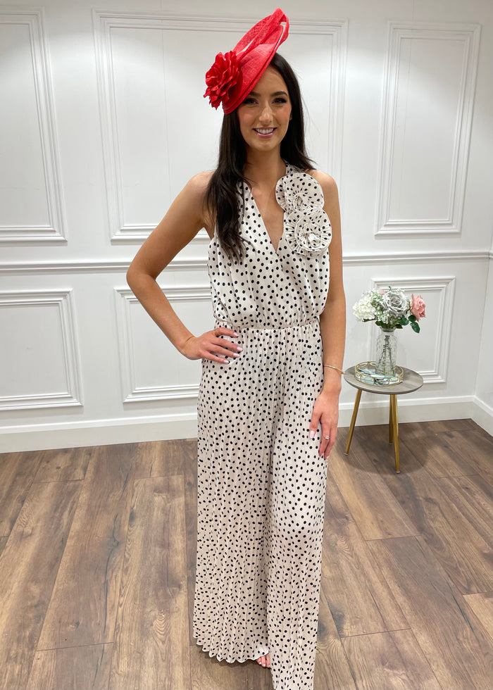 Cream And Black Polka Dot Pleated Jumpsuit