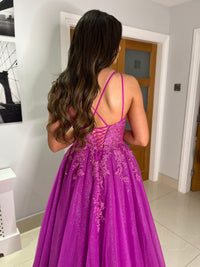 Magenta V-Neck Ballgown With Lace Detail