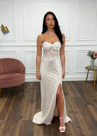 Champagne Fitted Fully Beaded Prom Dress With Corset Top