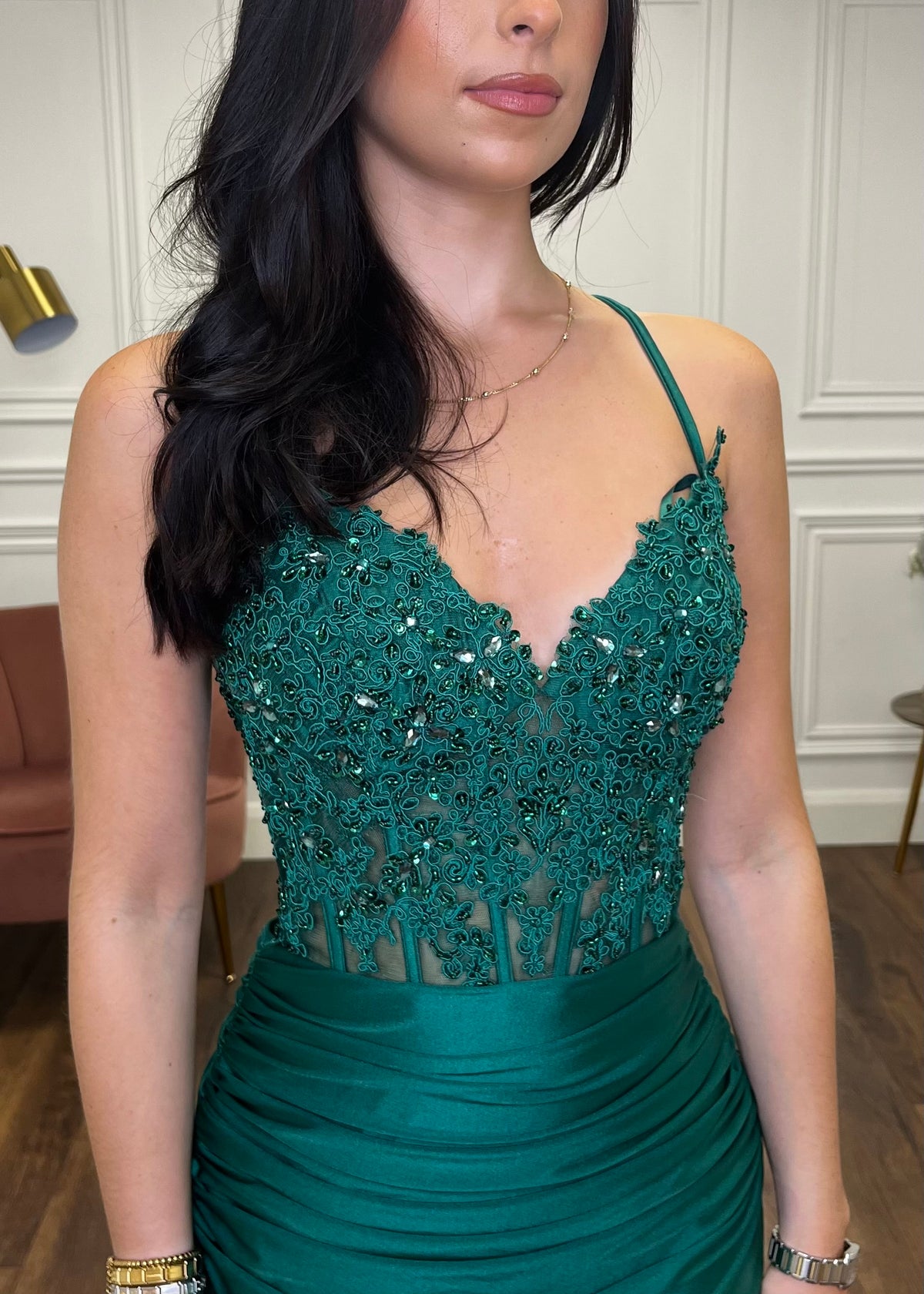 Green Fitted Prom Dress With Lace Effect Corset Top