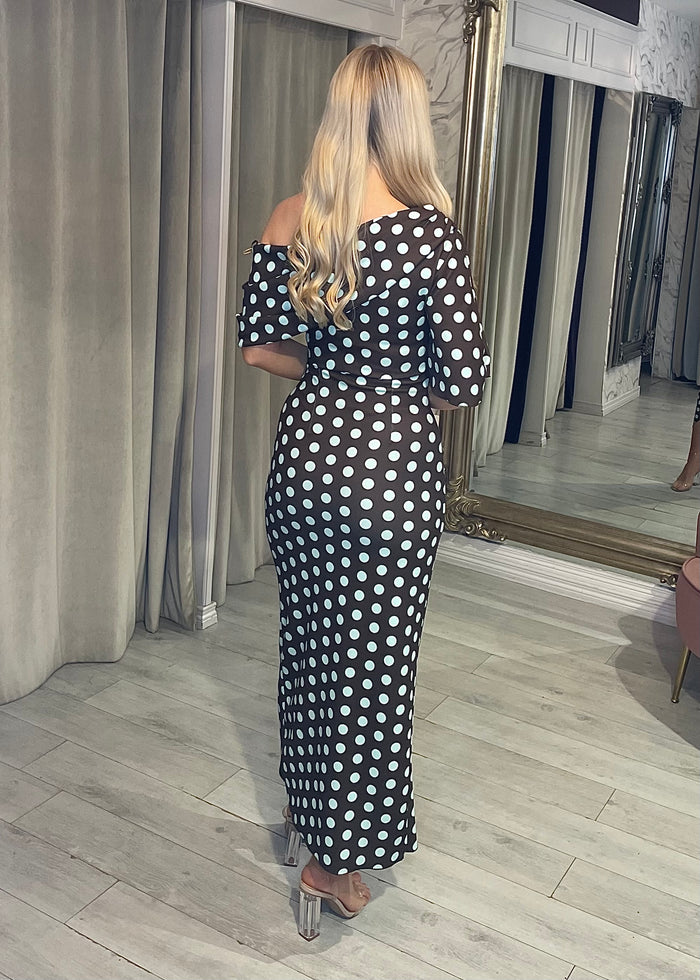 "Fidelma" Dress In Brown & Teal Polka Dot