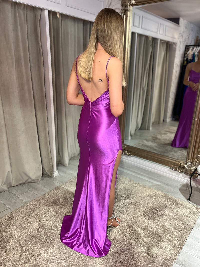 Magenta Satin Effect Fitted Dress With Diamonte Straps