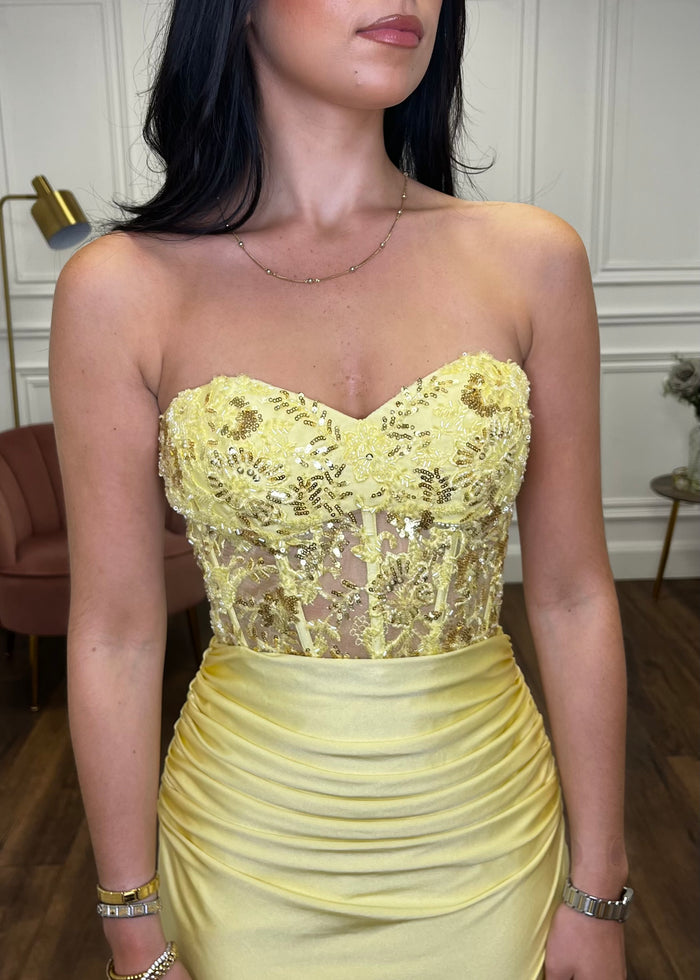 Yellow Strapless Prom Dress With Beaded Top