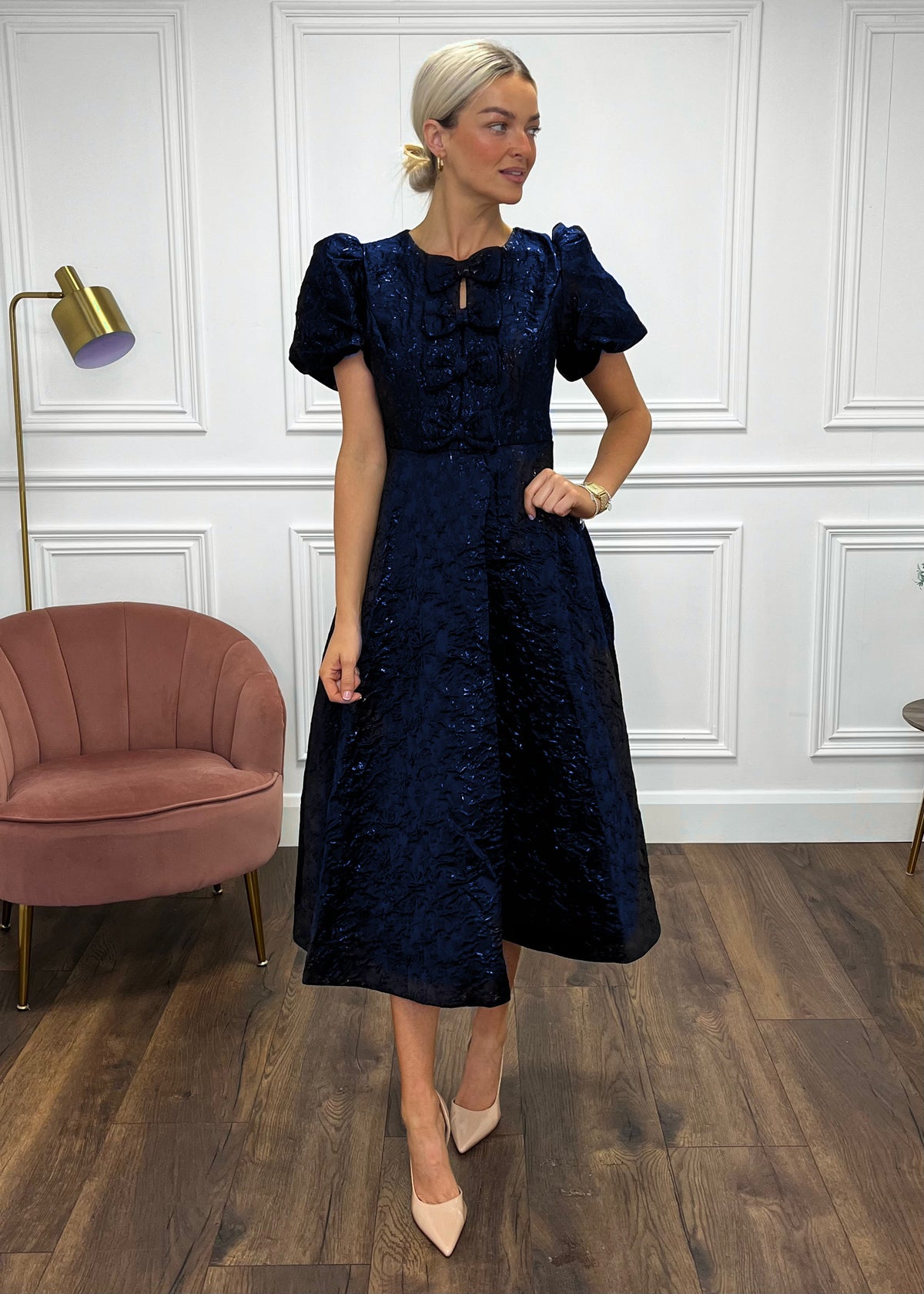 “Priya” Dress In Navy Jacquard