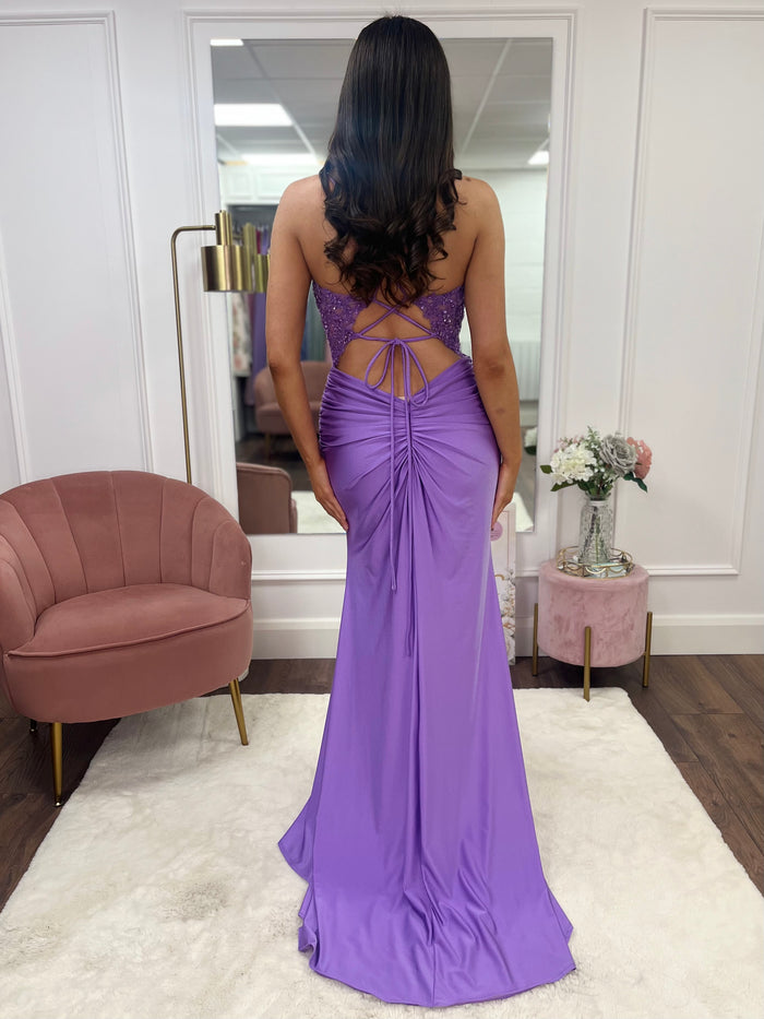 Purple Fitted Prom Dress With Lace Effect Corset Top