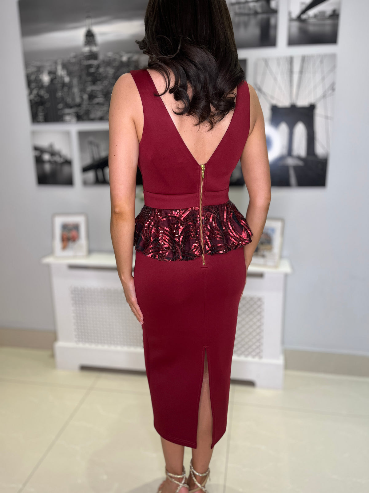 Burgundy Fitted Dress With Peplum Waist Pure Boutique Burgundy Fitted Dress With Peplum Waist Pure Boutique