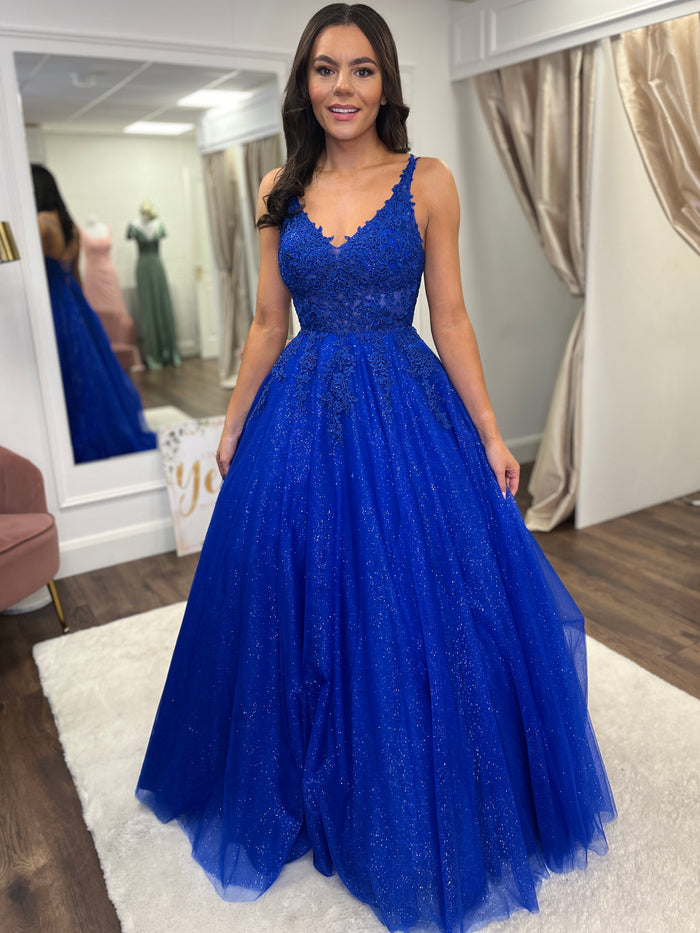 Royal Blue V-Neck Ballgown With Lace Detail