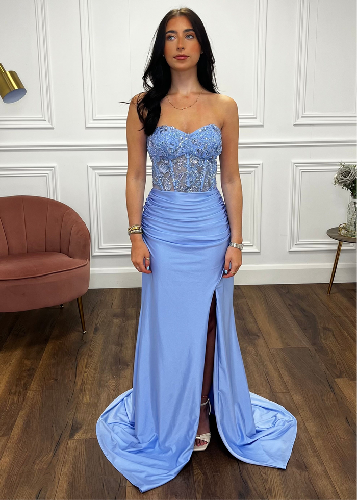 Baby Blue Strapless Prom Dress With Beaded Top