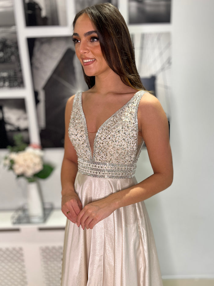 Champagne A-Line Prom Dress With Beaded Top