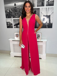 Cerise Pink Jumpsuit With Silver Diamonte Trim