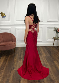 Burgundy Fitted Prom Dress With Lace Effect Corset Top