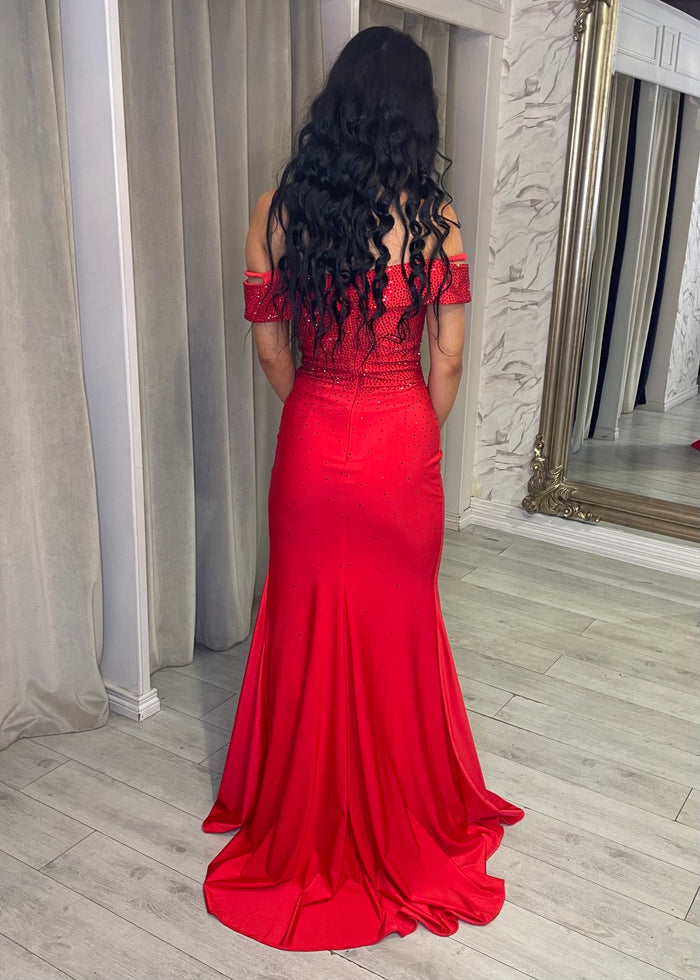 Red Fitted Prom Dress With Bardot Neckline