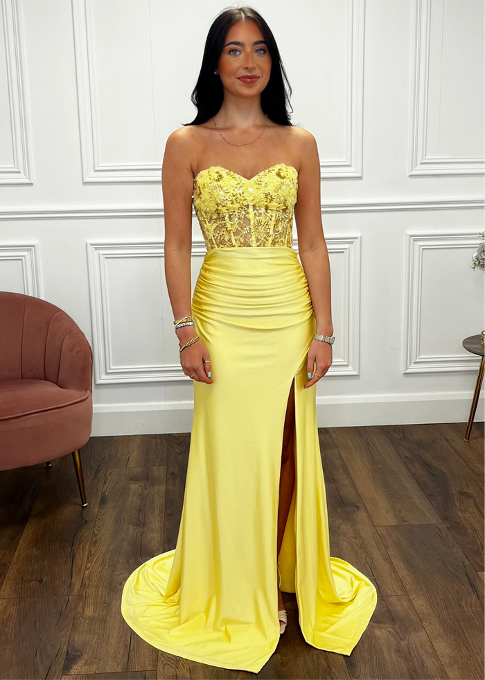 Yellow Strapless Prom Dress With Beaded Top