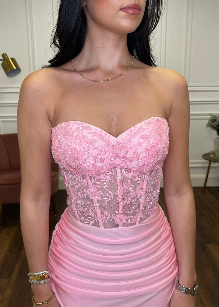 Baby Pink Strapless Prom Dress With Beaded Top