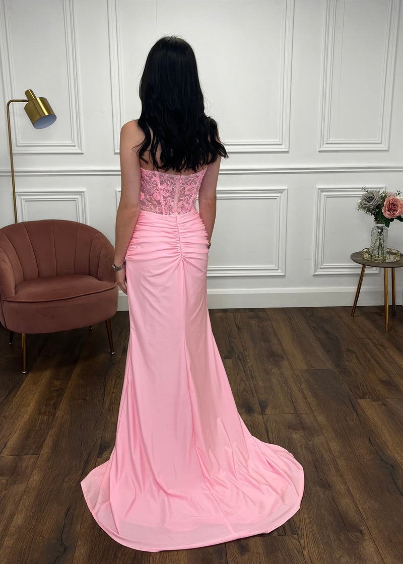 Baby Pink Strapless Prom Dress With Beaded Top