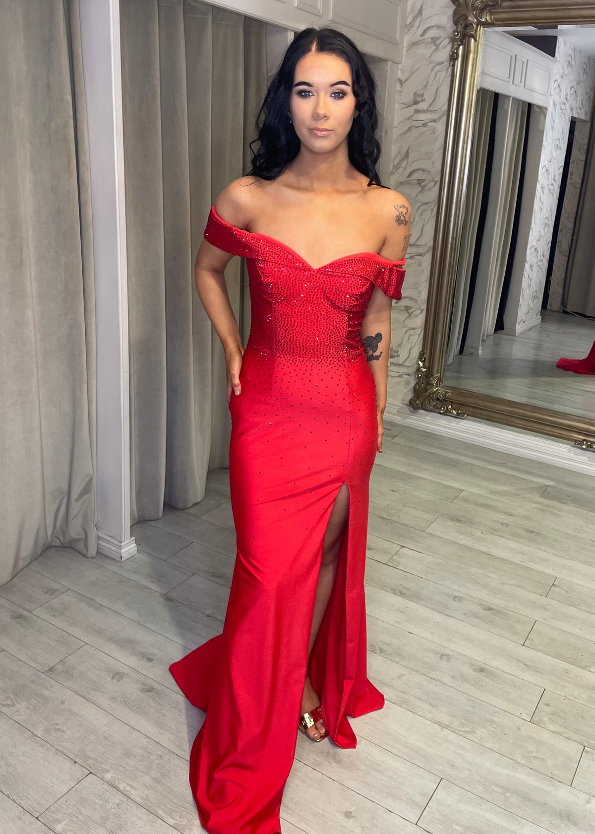 Red Fitted Prom Dress With Bardot Neckline