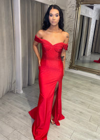 Red Fitted Prom Dress With Bardot Neckline