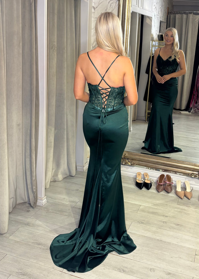 Green Fitted Prom Dress With Corset Detail