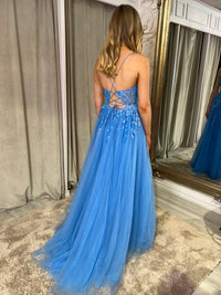 Sky Blue A-Line Dress With Lace Up Back And Sequin Detail